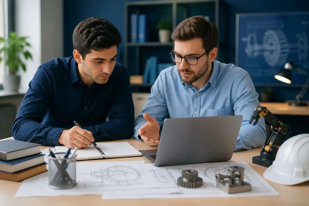 Two engineering students working together on dissertation planning with laptop technical drawings and notes in a modern study space