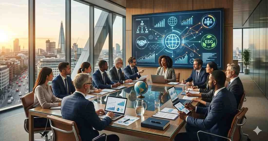 A diverse corporate board meets in a modern London boardroom overlooking a cityscape to discuss global strategy and ESG metrics displayed on a digital wall screen.