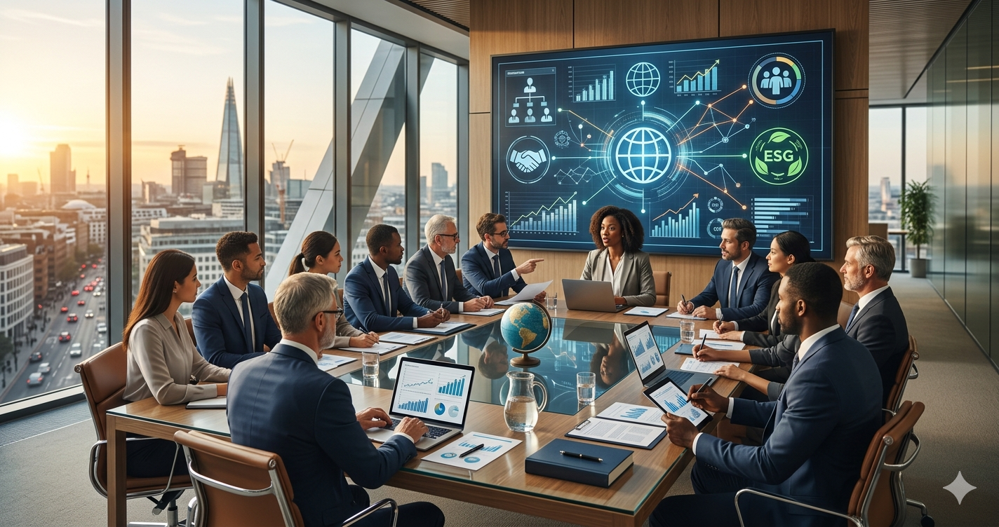 A diverse corporate board meets in a modern London boardroom overlooking a cityscape to discuss global strategy and ESG metrics displayed on a digital wall screen.