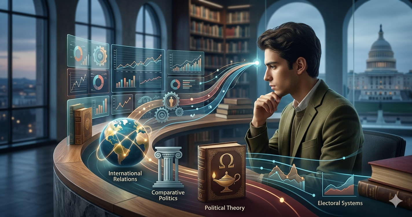 A young academic thoughtfully examines a series of glowing digital holographic displays representing key political science dissertation areas, including a globe, graphs, classical architecture, and books, in a library setting with the US Capitol in the background.