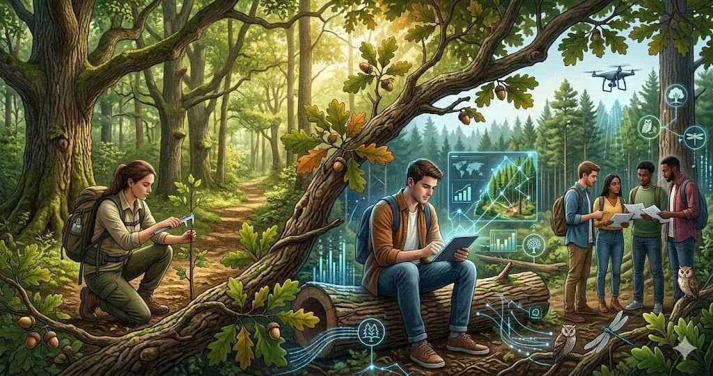 A female student measuring a sapling and a male student analyzing forest data on a tablet in a lush green woodland