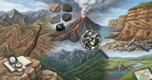 A detailed geological illustration showing structural geology, volcanology, paleontology, and hydrogeology fields.