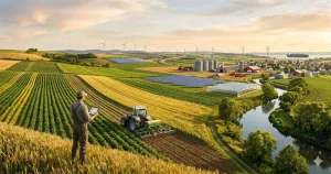 A wide landscape photograph illustrating the intersection of modern agriculture, technology, and economic sustainability. A young professional in a field monitors data on a tablet, surrounded by lush crops, precision farming machinery, renewable energy sources like wind turbines and solar panels, a river, and a global logistics network, all under a bright sky. The scene visualizes the diverse research areas within agricultural economics for a dissertation.