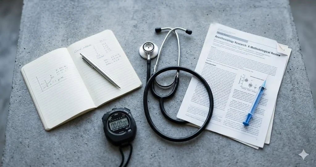 A high-angle photograph showing an open notebook with diagrams, a classic stethoscope, a black digital stopwatch, a syringe, and a printed research paper titled "Anesthesiology Research: A Methodological Review," all arranged neatly on a grey concrete background.