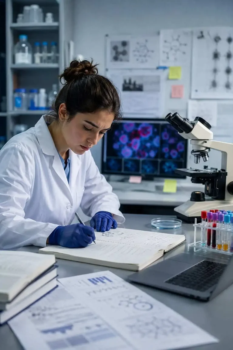 Biomedical science student analysing laboratory research data and writing a dissertation in a modern lab