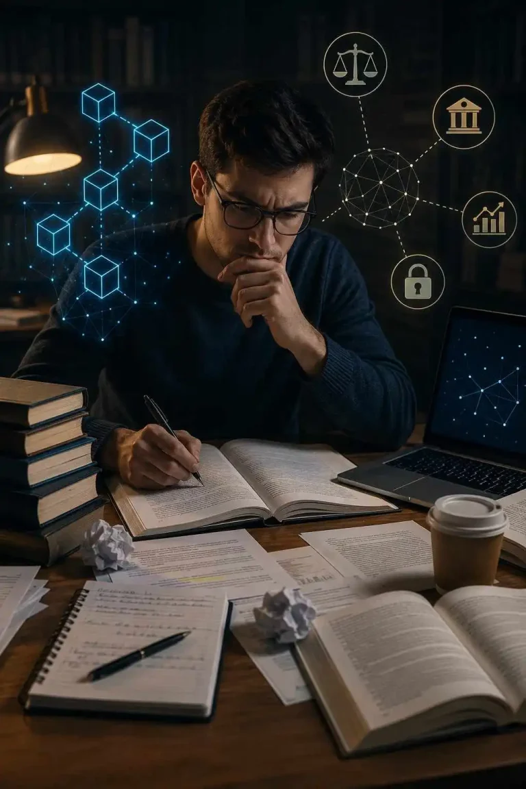 Student working late at desk with books and digital blockchain visuals representing academic research complexity