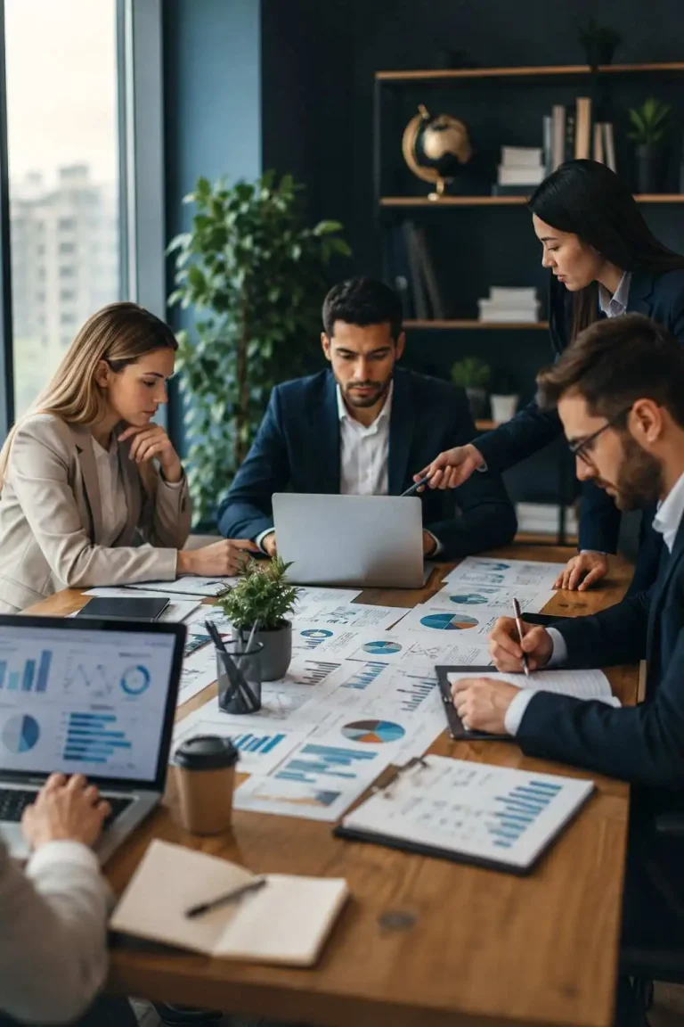 Students and business professionals analysing reports and strategy documents in a modern office meeting room