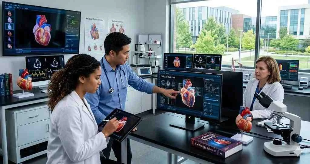 Three medical researchers analyzing complex cardiac data and AI heart visualizations on multiple monitors within a modern lab environment.