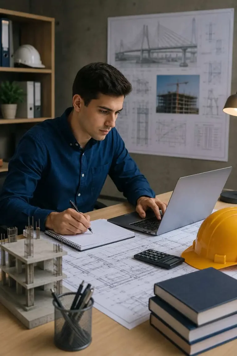 wo engineers collaborating over civil engineering blueprints with a laptop and structural building model in a professional office setting