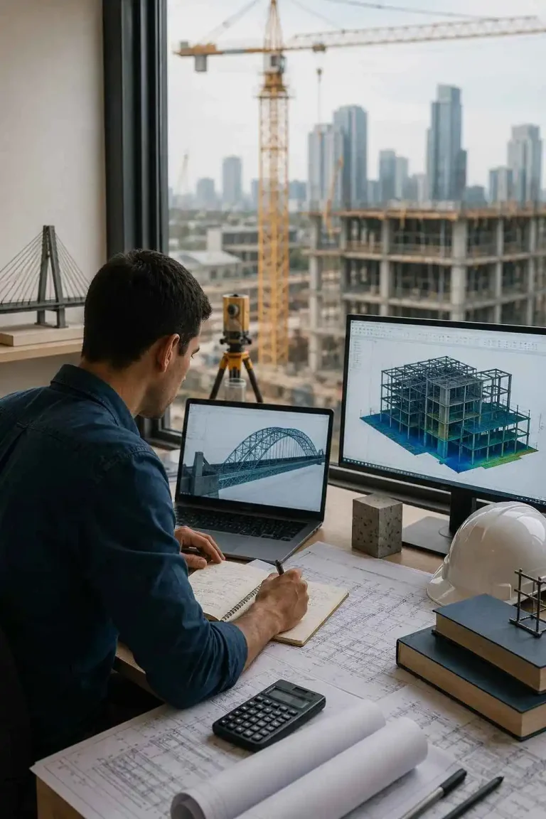 Civil engineering student working on computer aided structural design with blueprints, construction models, and city building site view