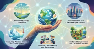 A hand holds a digital globe surrounded by icons for renewable energy, urban resilience, climate policy, and sustainable agriculture.