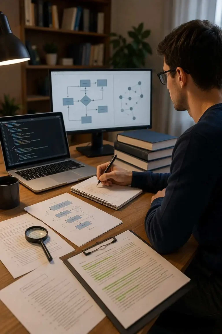 Computer science assignment expert reviewing coding research and technical documents at a modern study desk