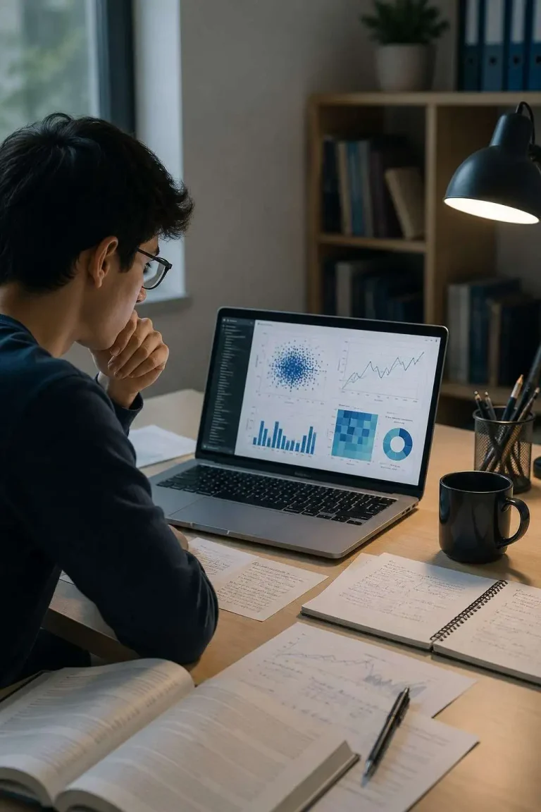University student analysing data science charts and statistics on a laptop for coursework assignment support