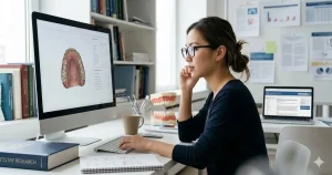 A dentistry student wearing glasses works at a computer desk researching 2026 dissertation topics on digital dentistry and oral health.