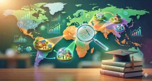 A colorful, data-driven world map focusing on developing regions is highlighted by glowing spotlights. Various interconnected project bubbles emerge, symbolizing research topics like microfinance, education access, renewable energy adoption, and urban technology hubs. A modern magnifying glass hovers over a focused cluster of these bubbles. In the foreground, a stack of academic dissertations and a graduate cap sit on a polished desk, representing the academic journey of selecting a research topic. The image contains no text.