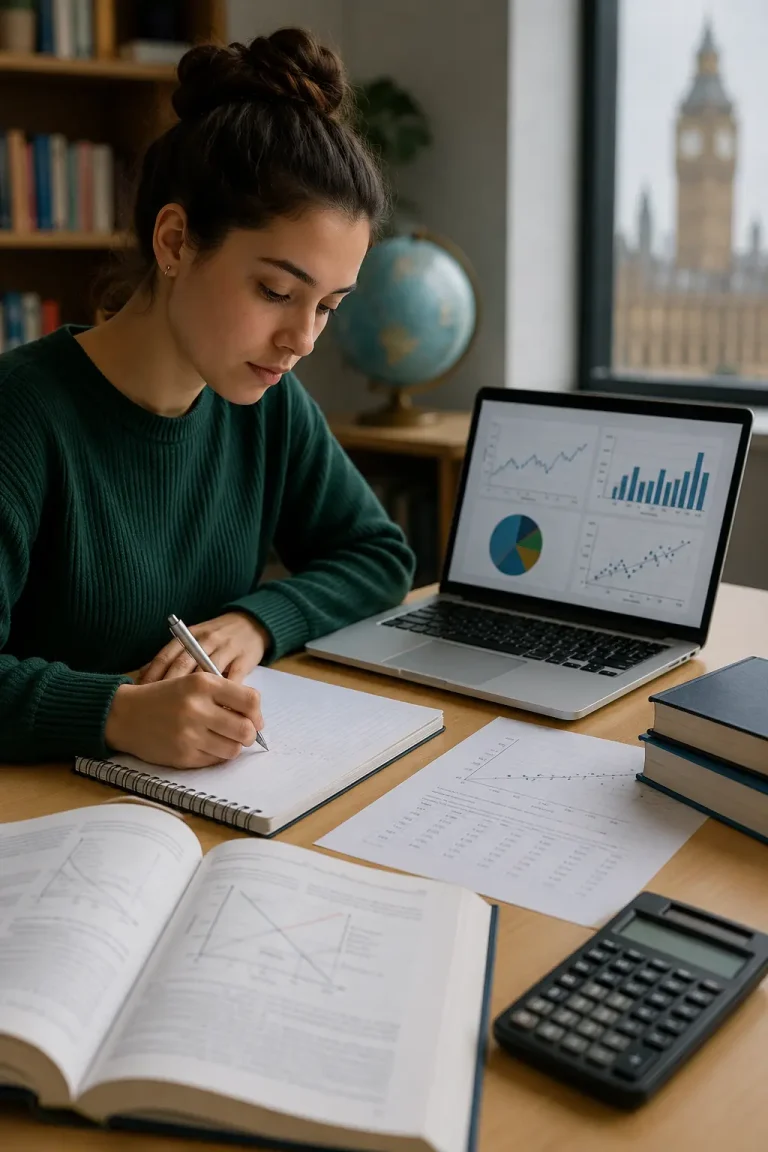 University student studying economics with charts, calculator, laptop, and academic books at a study desk