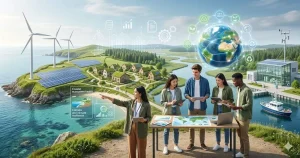 A diverse group of university students using digital tablets and data maps to study a sustainable landscape featuring wind turbines solar panels and green housing for an environmental management dissertation.