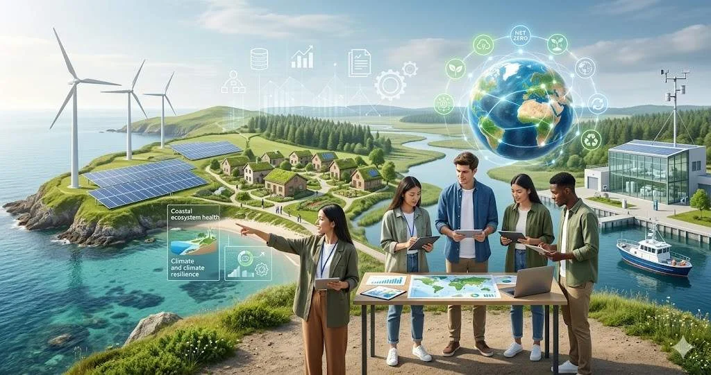 A diverse group of university students using digital tablets and data maps to study a sustainable landscape featuring wind turbines solar panels and green housing for an environmental management dissertation.
