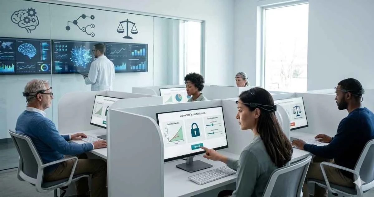 A wide feature image depicting a modern economic research laboratory where diverse participants wear subtle EEG headsets while interacting with decision-making interfaces. In the foreground, a woman considers an investment choice. Through a glass wall in the background, a researcher monitors data visualizations and graphs showing brain connectivity and decision trees, illustrating the study of human economic behavior.
