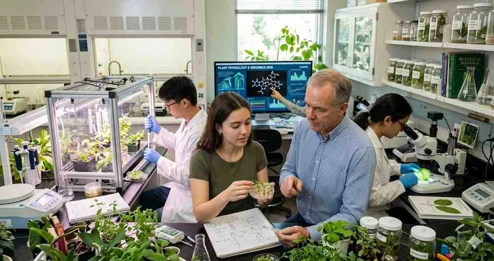 Four university researchers in a modern botany laboratory conduct scientific experiments with plants, microscopes, and genetics software.