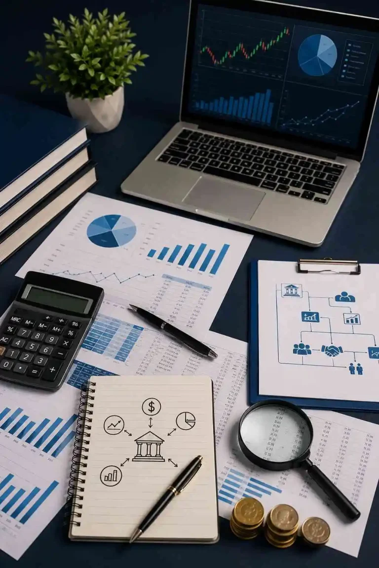 Financial analysis workspace with charts, calculator, reports, and investment planning materials for finance coursework