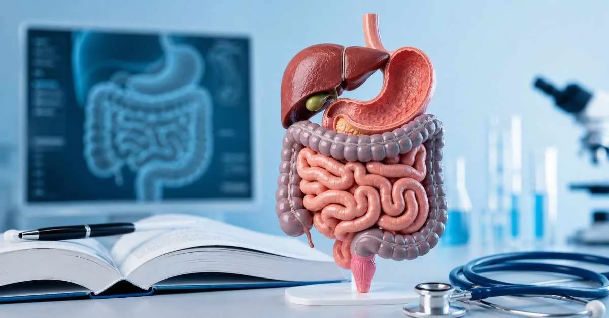 3D anatomical model of the human digestive system beside medical study materials in a clinical research setting