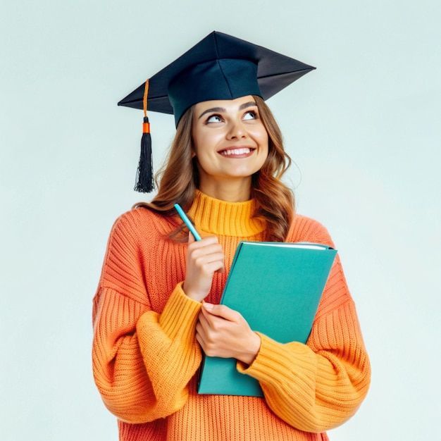Smiling female graduate student holding notebook and pen wearing graduation cap