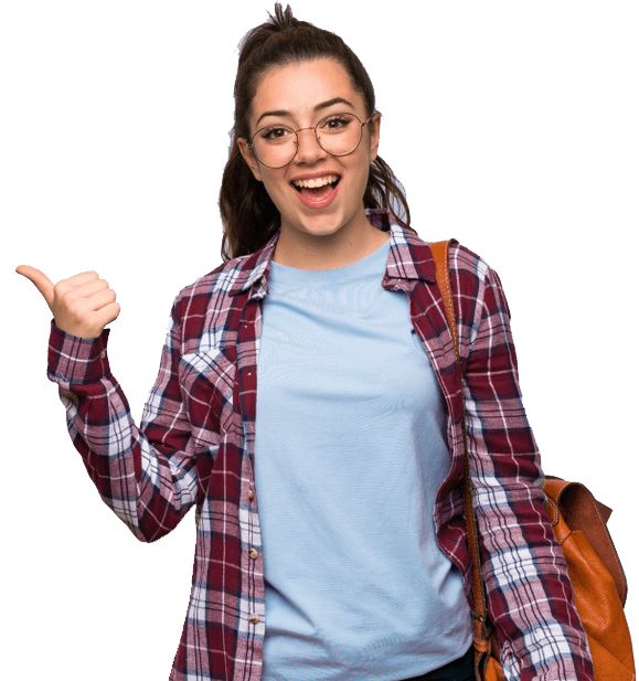 smiling university student with glasses pointing sideways wearing casual clothes and backpack