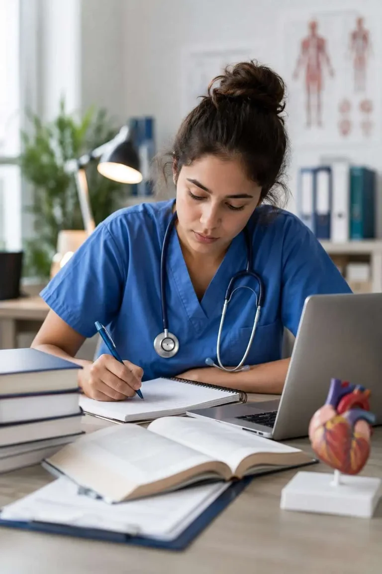 Healthcare student in medical scrubs writing dissertation research notes beside laptop and textbooks