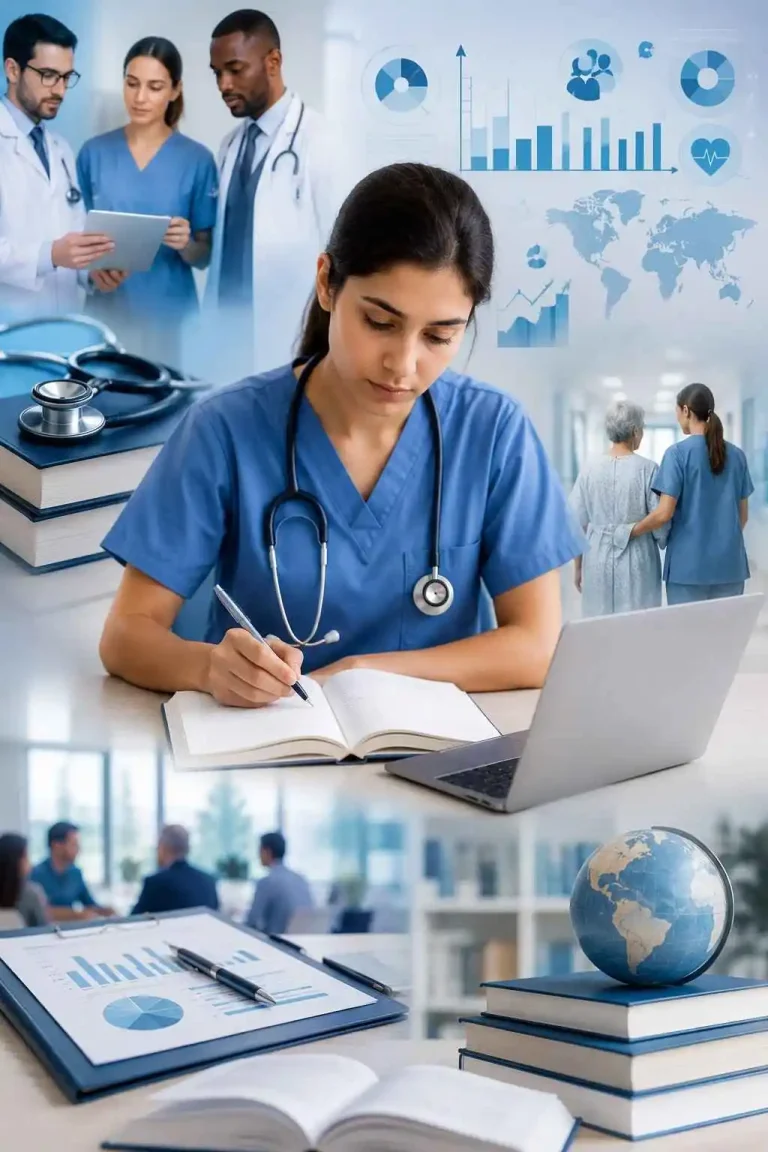 Healthcare student researching medical dissertation topics with clinical data and healthcare management visuals