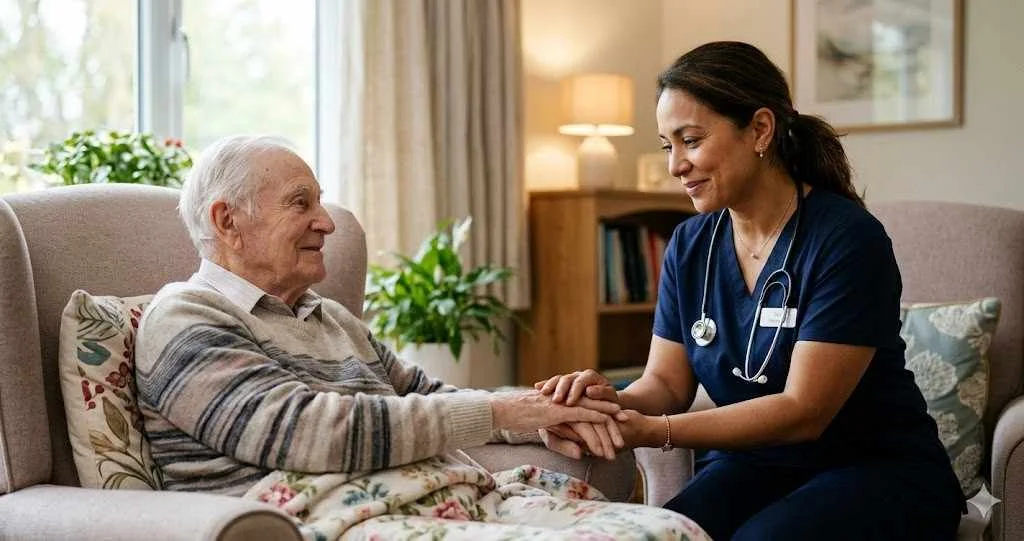 A female hospice nurse wearing blue scrubs and a stethoscope gently holding the hands of a smiling elderly man sitting in an armchair with a blanket in a warm living room.