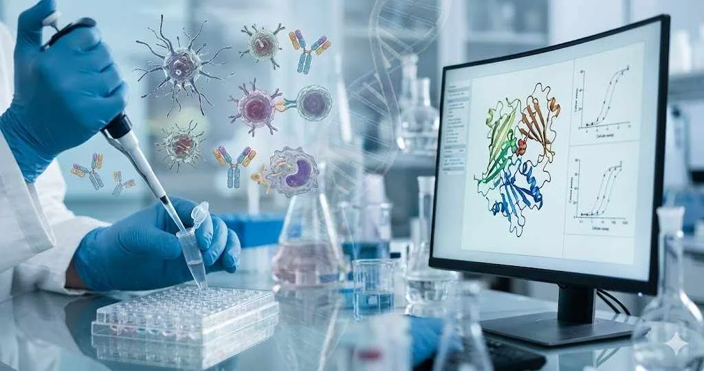 A laboratory researcher pipetting samples next to a computer screen showing protein structures and cell data, overlaid with illustrations of antibodies and immune cells for an immunology dissertation blog