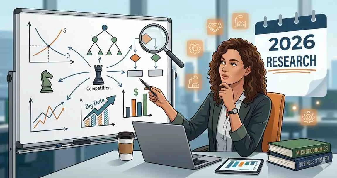 A contemplative researcher sitting at a desk and gesturing toward a whiteboard filled with various economic diagrams, strategic business icons, and a calendar marker for 2026, illustrating the process of selecting and analyzing managerial economics dissertation topics.