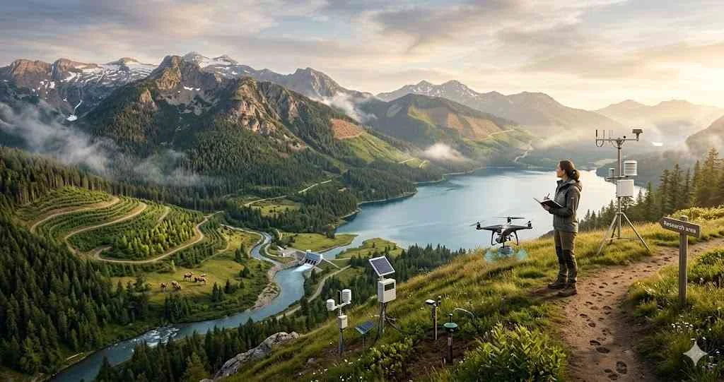 Sustainable natural resource management uses advanced technology in a mountainous landscape.