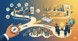 A conceptual illustration showing a hand holding a compass, guiding a path through the intersection of psychology and traditional economics. The path leads to a bright lightbulb marked '2026' surrounded by graduating students, featuring icons of brain activity, financial charts, and digital banking apps.