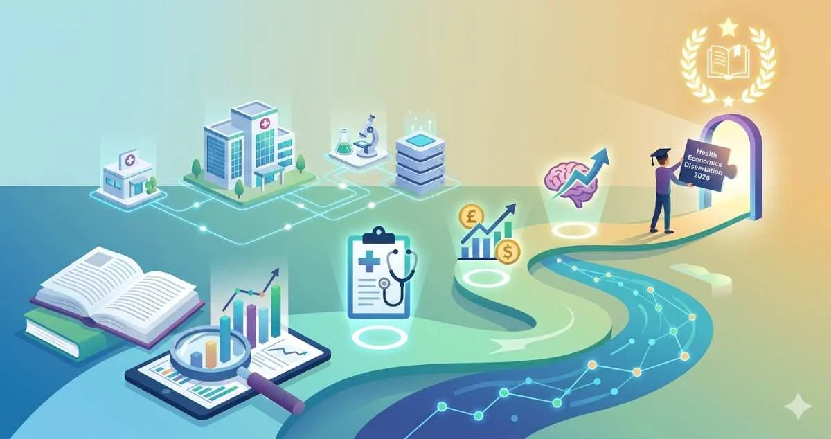 A conceptual 3D isometric illustration showing a winding path representing a research journey. The path features icons for global currency, medical data charts, a brain symbol, and hospital buildings, leading toward a bright doorway symbolizing academic success in health economics.