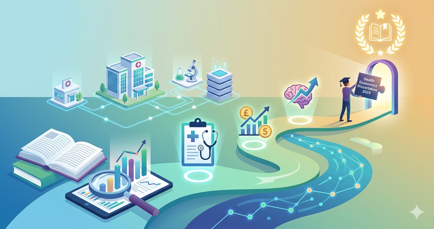 A conceptual 3D isometric illustration showing a winding path representing a research journey. The path features icons for global currency, medical data charts, a brain symbol, and hospital buildings, leading toward a bright doorway symbolizing academic success in health economics.