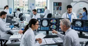 Two researchers in white lab coats analyze high resolution brain scans on a computer monitor in a modern medical laboratory while other scientists study neurology data.
