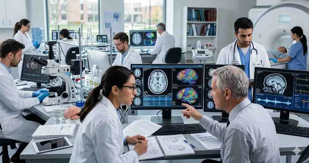 Two researchers in white lab coats analyze high resolution brain scans on a computer monitor in a modern medical laboratory while other scientists study neurology data.