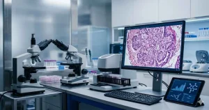 A complete pathology laboratory microscope station featuring two microscopes and a digital display showing clear tissue samples.