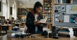 A university student taking notes in a library surrounded by vintage film cameras, modern DSLRs, and art history books for a photography research project.