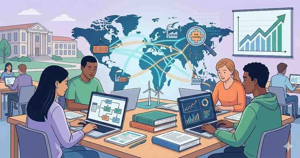A diverse team of researchers at a university library analyzing global data and supply chain logistics for modern procurement and risk management studies.