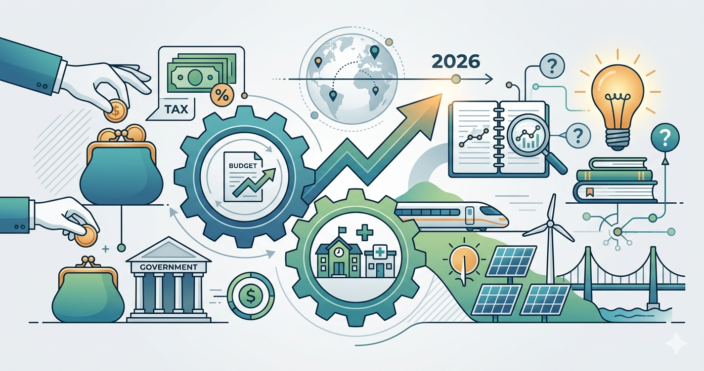 A modern, flat-design conceptual illustration for 2026 public economics dissertation topics. The image features a clean white background with a network of icons representing fiscal policy, government spending, and social infrastructure. Key elements include interlocking gears labeled "Budget," a government building, stacks of academic books with a glowing lightbulb for research ideas, a globe with data points, and renewable energy symbols like wind turbines and solar panels to represent green economy trends. A timeline marker highlights the year 2026.