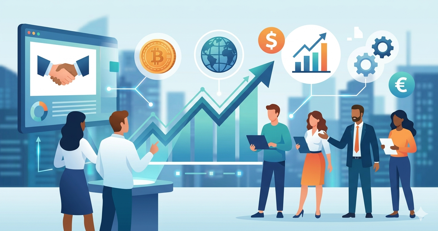 A professional digital illustration showing a diverse group of researchers analyzing global financial trends, featuring growth charts, stock market icons, currency symbols, and data analytics visualizations against a modern city skyline.