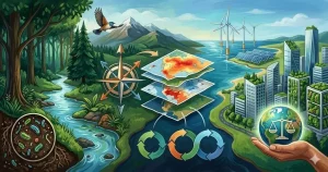 A conceptual illustration for environmental research showing a healthy forest and river on one side and a sustainable green city with wind turbines on the other. Central data maps and a balance scale icon represent the intersection of science and policy.
