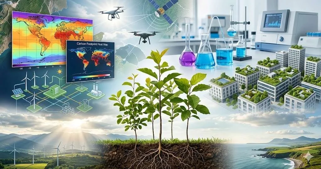 A conceptual collage representing environmental science research for 2026 including saplings with roots climate data maps laboratory equipment wind turbines and green city infrastructure