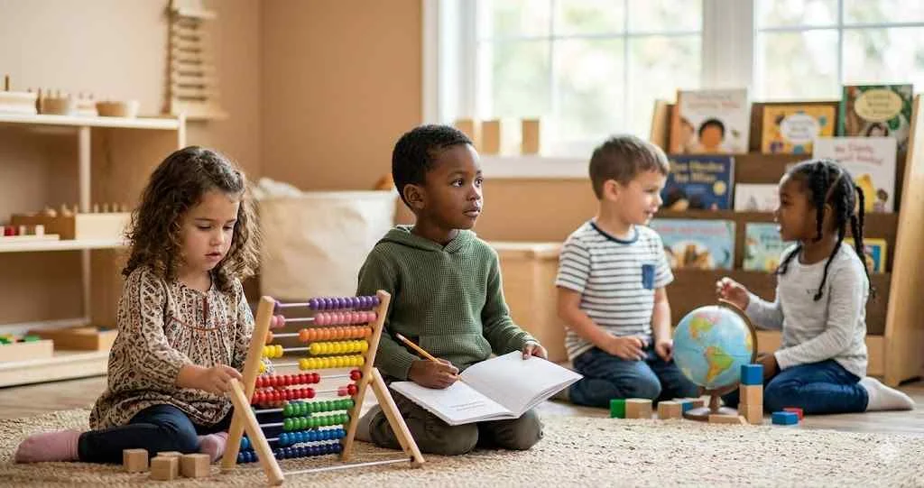 Four young children engaging in learning activities with an abacus, notebook, globe, and books in a sunlit early childhood classroom setting.