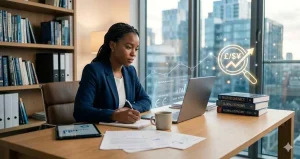 A female economist in a blue blazer sits at her office desk writing notes while looking at a laptop with holographic data overlays showing currency symbols and economic charts.
