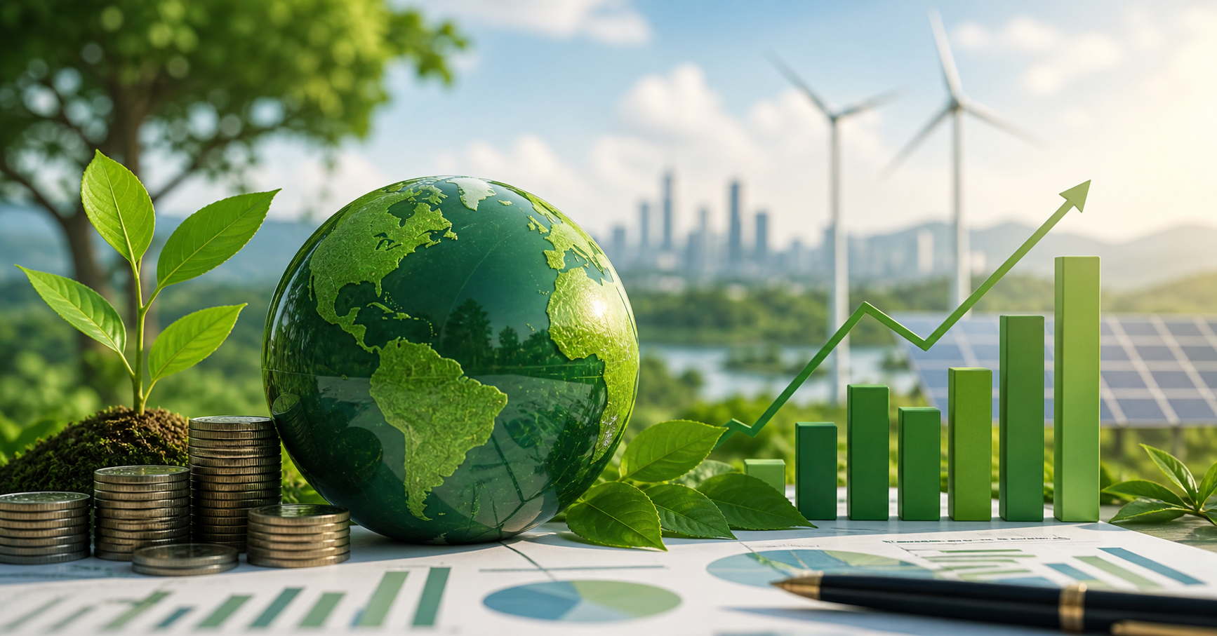 A conceptual scene showing a green globe surrounded by coins, plants, solar panels, wind turbines, and rising economic charts, symbolizing the connection between environmental sustainability and economic growth.
