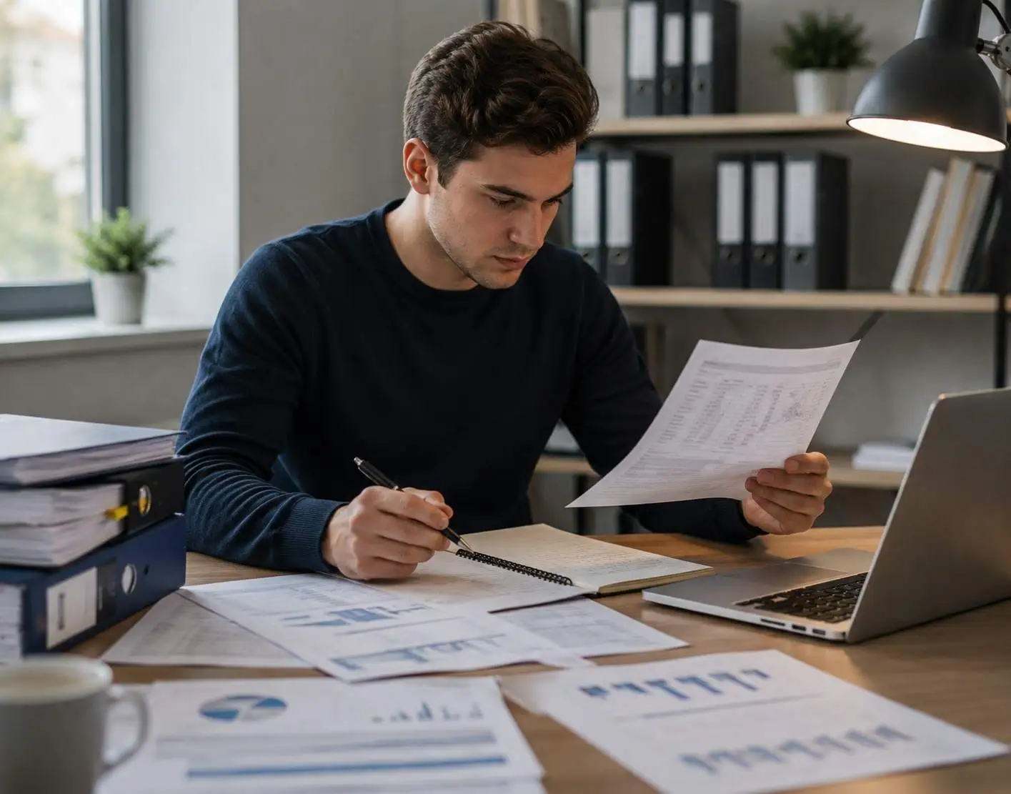 Student reviewing audit reports and financial statements for auditing dissertation research